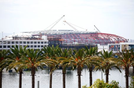 The future indoor arena for the Los Angeles Clippers The Intuit Dome under construction in September 2023 in Inglewood, California.