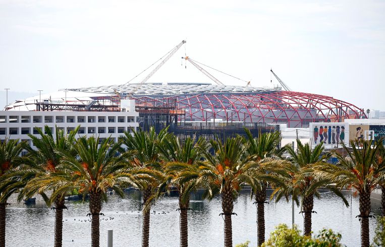 The future indoor arena for the Los Angeles Clippers The Intuit Dome under construction in September 2023 in Inglewood, California.