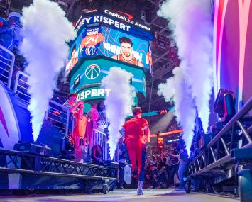 Washington Wizards forward Corey Kispert runs onto the court at Capital One Arena