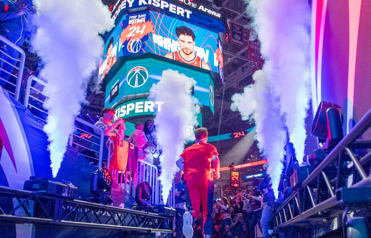 Washington Wizards forward Corey Kispert runs onto the court at Capital One Arena