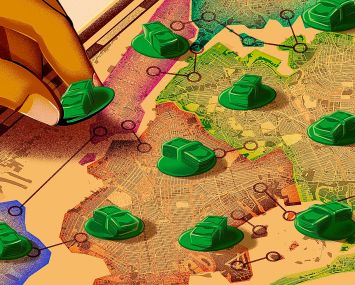 A drawing of outer boroughs as a board game.