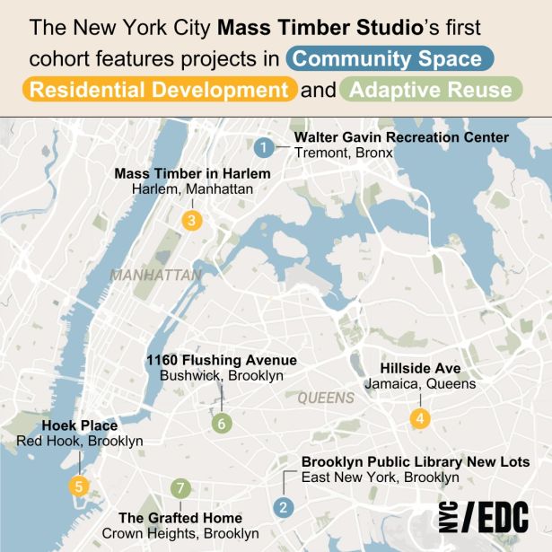 A map showing the locations of mass timber projects in New York City.