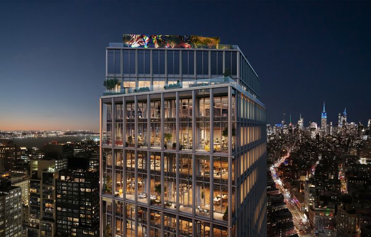 A rendering of the 28-story One Grand at night.