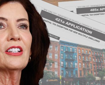 Illustration with Gov. Kathy Hochul and apartment buildings with a 421a form
