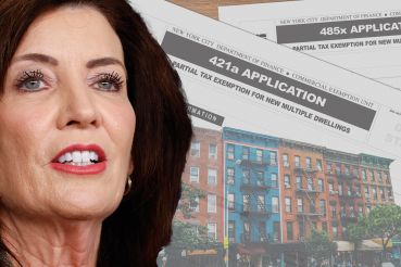 Illustration with Gov. Kathy Hochul and apartment buildings with a 421a form
