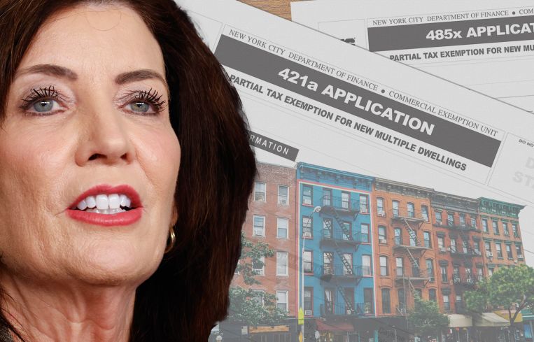 Illustration with Gov. Kathy Hochul and apartment buildings with a 421a form