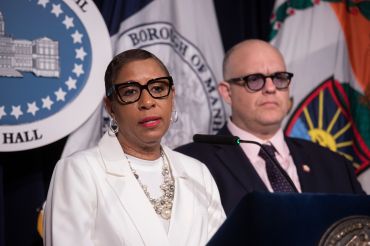 New York City Council Speaker Adrienne Adams and Councilmember Justin Brannan during a City Hall press conference April 18, 2024.