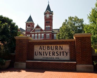 Auburn University sign with Samford Hall in the background