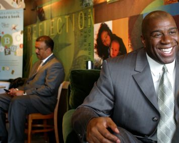 Magic Johnson at the opening of a new Starbucks in Denver in 2003.