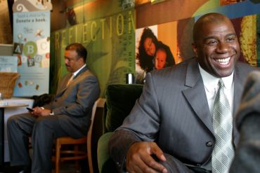 Magic Johnson at the opening of a new Starbucks in Denver in 2003. 