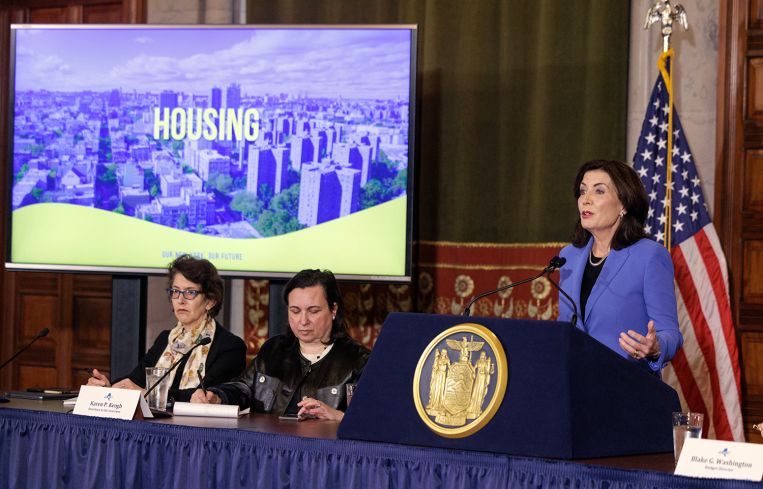 Gov. Kathy Hochul makes an announcement on the FY 2025 budget.