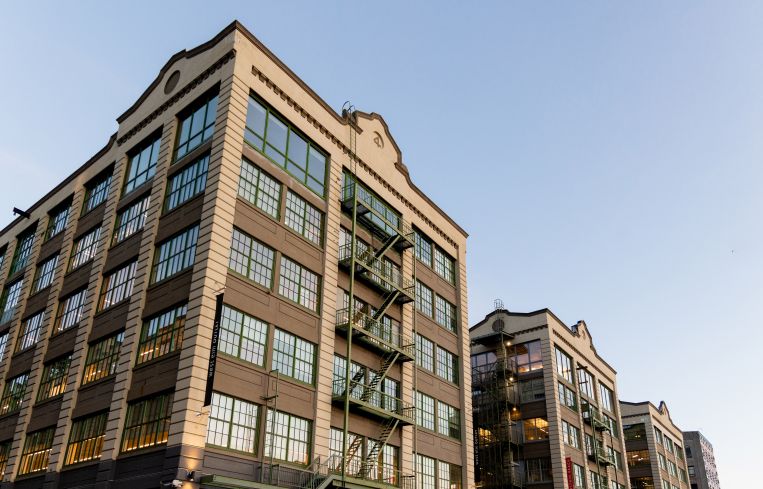 A row of industrial and office buildings in Brooklyn.