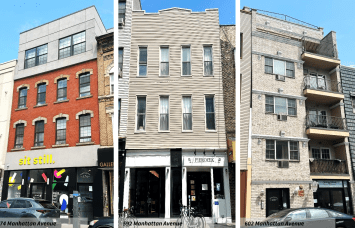 Photographs of 574, 592, and 602 Manhattan Avenue in Greenpoint.