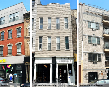 Photographs of 574, 592, and 602 Manhattan Avenue in Greenpoint.