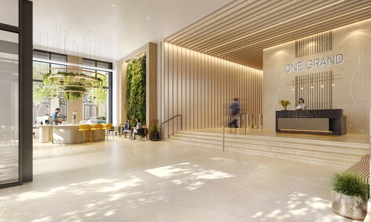A rendering of One Grand's lobby.