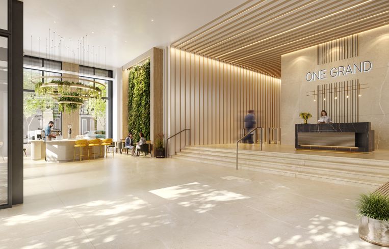 A rendering of One Grand's lobby.