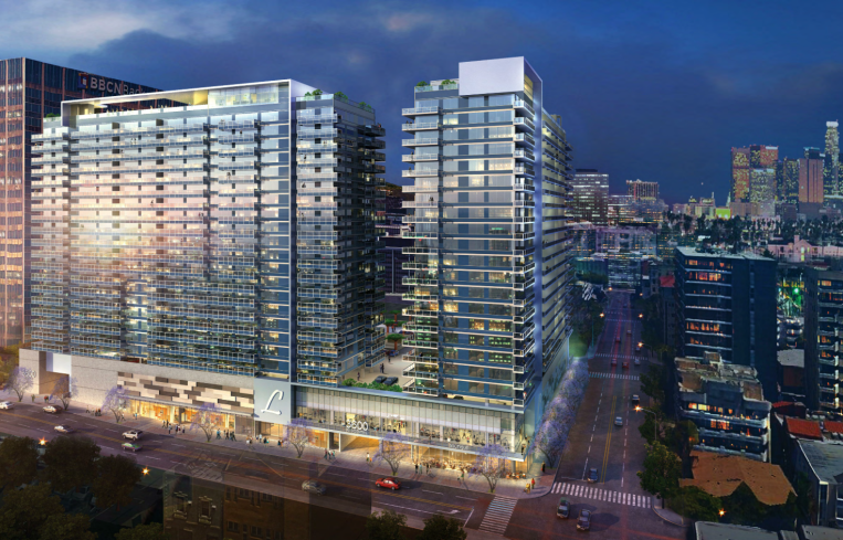 Looking east from Harvard Boulevard, the project calls for two 23-story buildings with 760 units behind one of its office buildings in Koreatown.