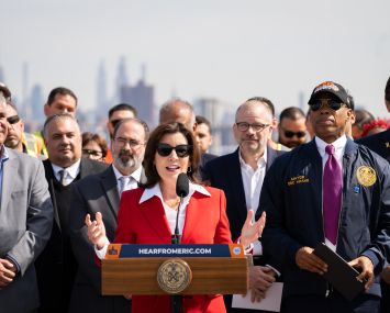 Gov. Kathy Hochul and Mayor Eric Adams at Brooklyn Marine Terminal on May 14, 2024.