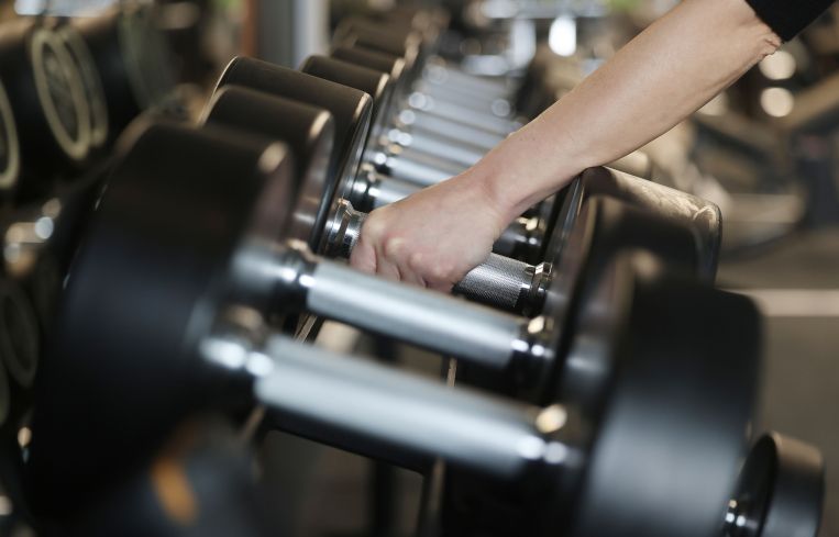 Dumbbells on the rack at a gym.