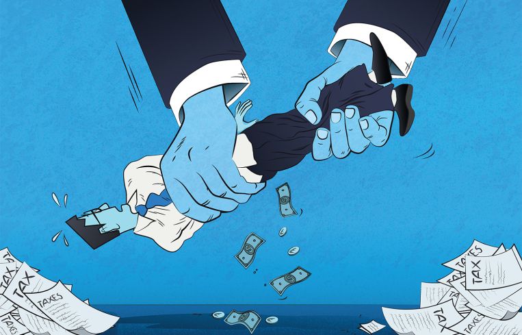 A business man being wrung out of money