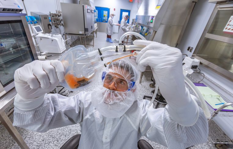 A process engineer at Lonza Biologics examines blood samples in the lab.
