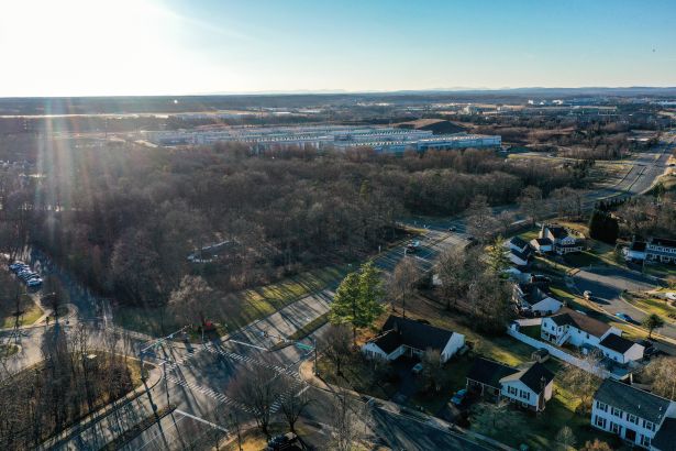 Amazon Web Services data centers, top center, have been built next to residential neighborhoods in Manassas, VA.