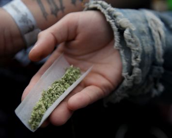 A person's hand holding a cannabis joint.