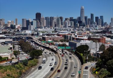 Cars travel along Highway 101 in San Francisco, California. The state population grew in 2023 for the first time since the Covid-19 pandemic. The state saw an increase of 67,000 new residents to bring the total number in people living in California to just over 39 million.