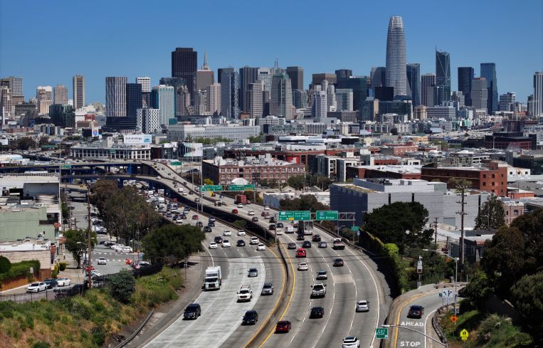 Cars travel along Highway 101 in San Francisco, California. The state population grew in 2023 for the first time since the Covid-19 pandemic. The state saw an increase of 67,000 new residents to bring the total number in people living in California to just over 39 million.