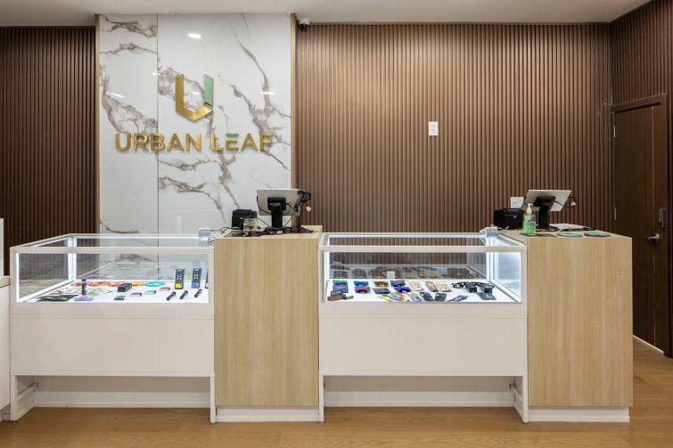 Two cash registers inside a cannabis dispensary in Manhattan.