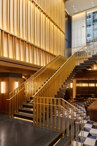 Staircase from main entrances into the Atrium Dining Room at the Paramount Club.