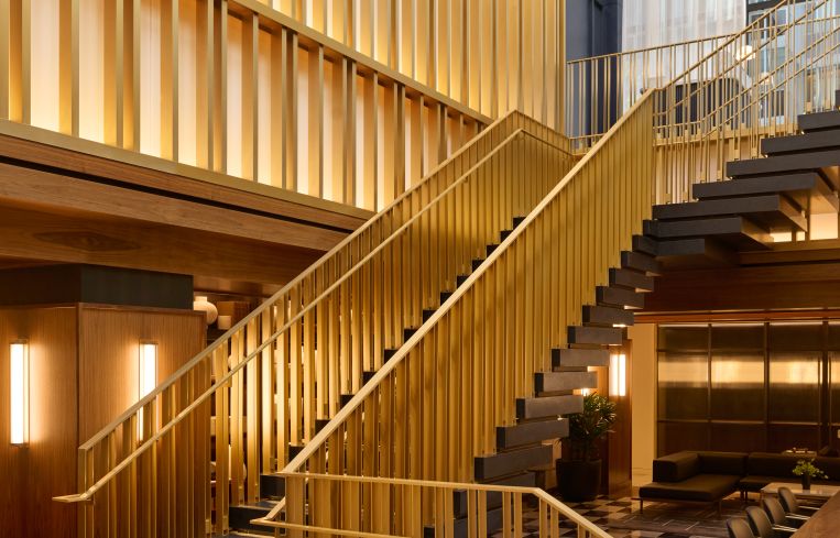 Staircase from main entrances into the Atrium Dining Room at the Paramount Club.