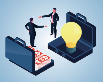 Two businessmen with a briefcase of money and with a lightbulb