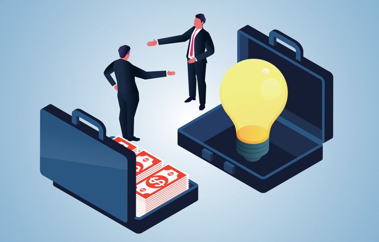 Two businessmen with a briefcase of money and with a lightbulb