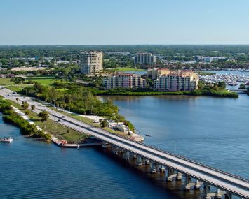 An aerial view of the bridge leading into Palmetto, Florida