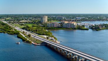 An aerial view of the bridge leading into Palmetto, Florida