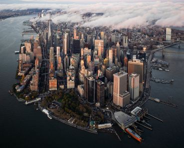 A sunset aerial view of Lower Manhattan.