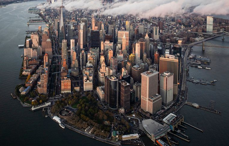A sunset aerial view of Lower Manhattan.