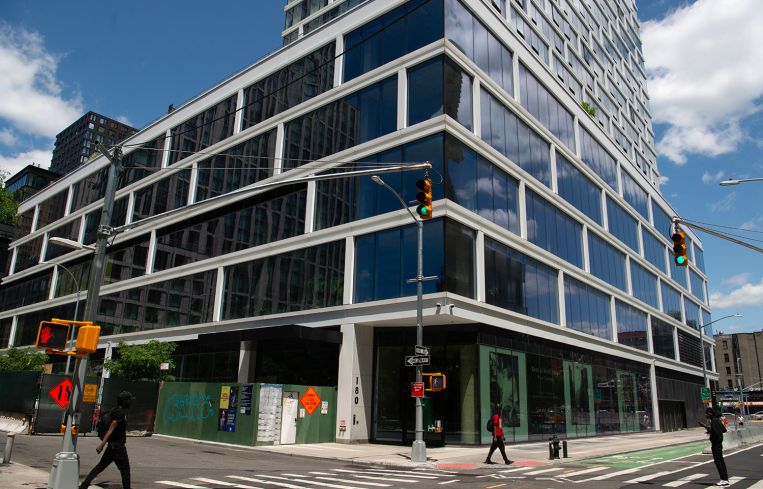 The lower stories of a residential development in Manhattan.