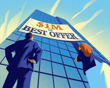 An illustration of people looking at a sign for an office building sale