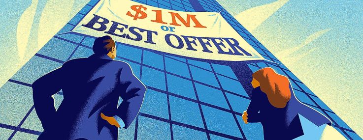 An illustration of people looking at a sign for an office building sale