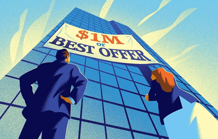 An illustration of people looking at a sign for an office building sale