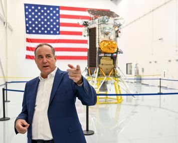 Steve Altemus, Intuitive Machines co-founder and president talks about the IM-1 Lunar Lander, Nova-C, before it was shipped for launch on a SpacEX rocket.