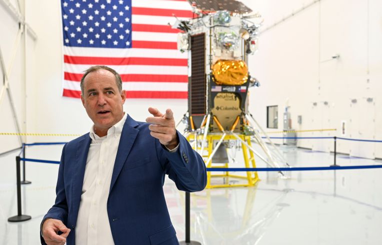 Steve Altemus, Intuitive Machines co-founder and president talks about the IM-1 Lunar Lander, Nova-C, before it was shipped for launch on a SpacEX rocket.