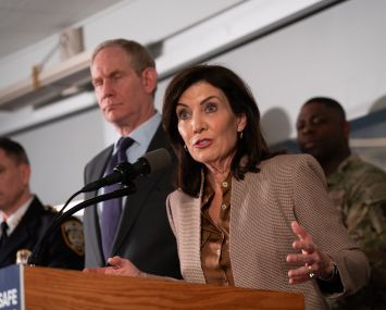 New York Governor Kathy Hochul with MTA chair Janno Lieber to the left.