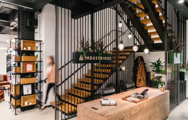 A staircase inside an office surrounded by desks, bookcases and indoor plants.