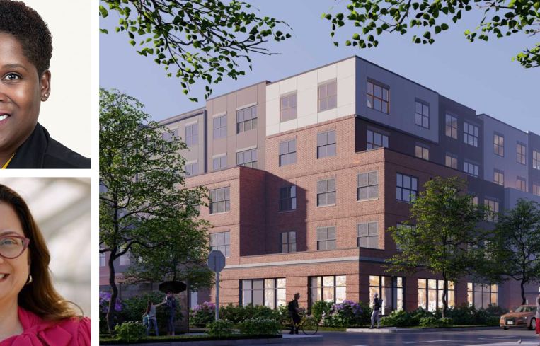 Wesley Housing CEO Kamilah McAfee, Melwood CEO Larysa Kautz, and a rendering of the proposed affordable housing project.