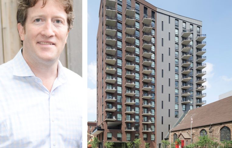 Tyler Wilkins, partner at Quinlan Development Group, and 230 Classon Avenue.