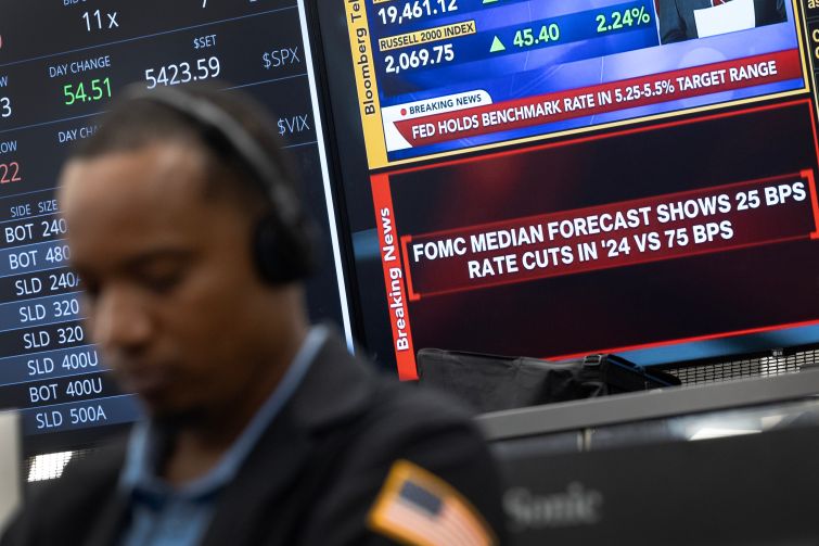 Traders work in the S&P options pit at the CBOE
