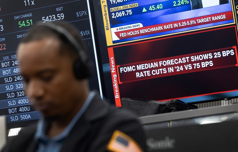 Traders work in the S&P options pit at the CBOE